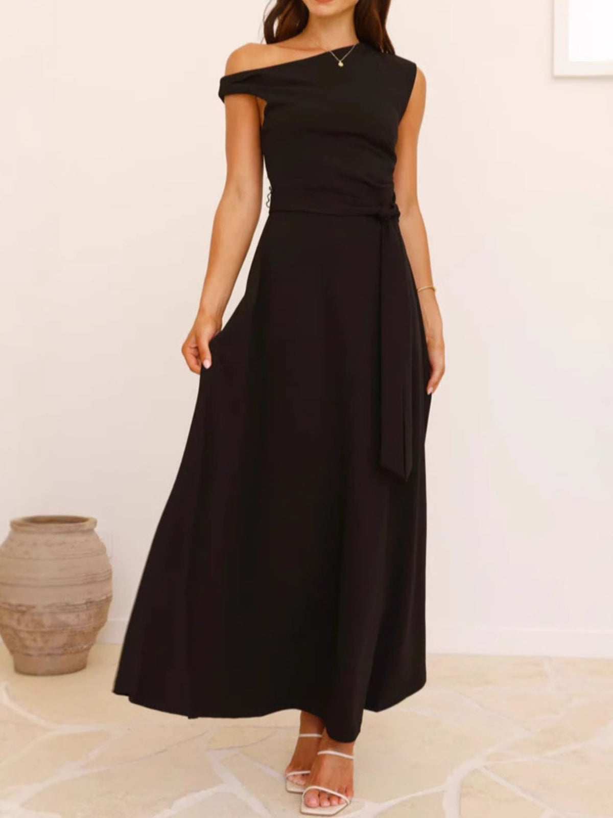 One-Shoulder Tie Waist Maxi Dress