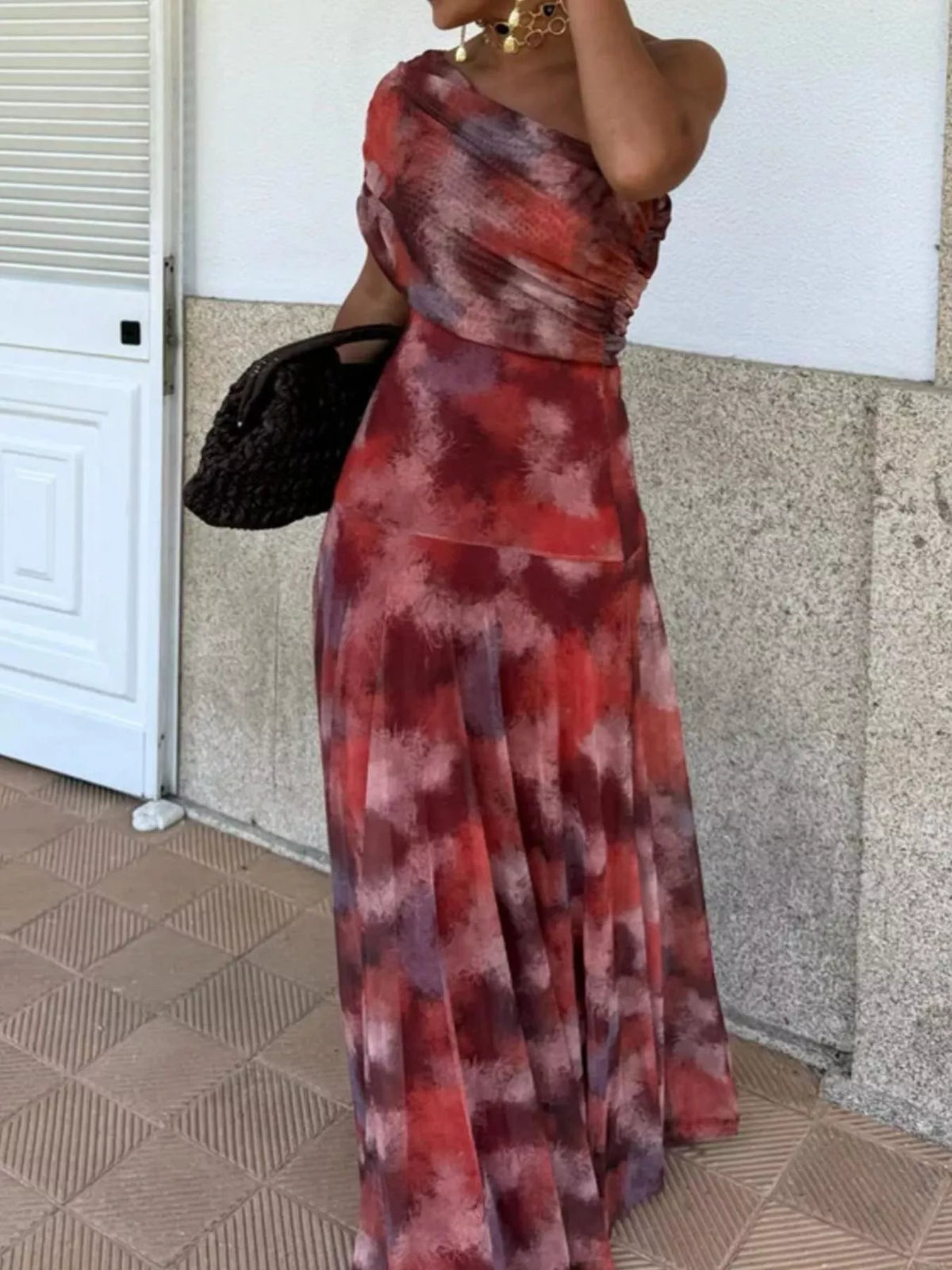 Printed Short-Sleeve Mesh Maxi Dress