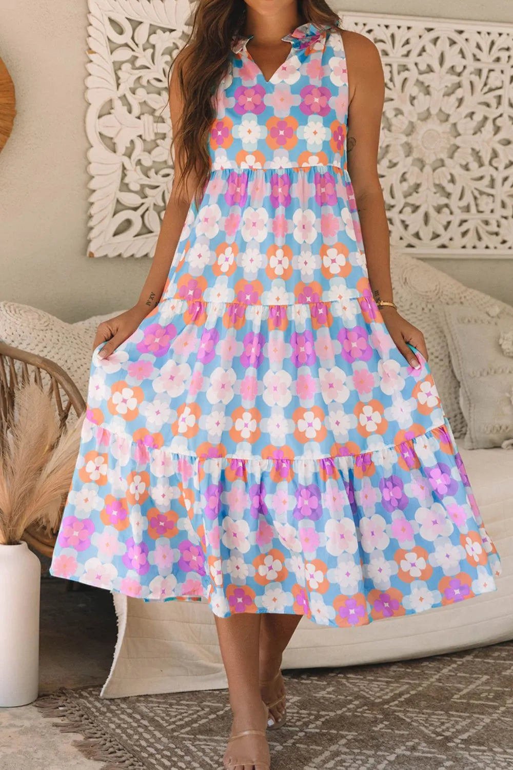 Tiered Floral Midi Dress in Pink Purple
