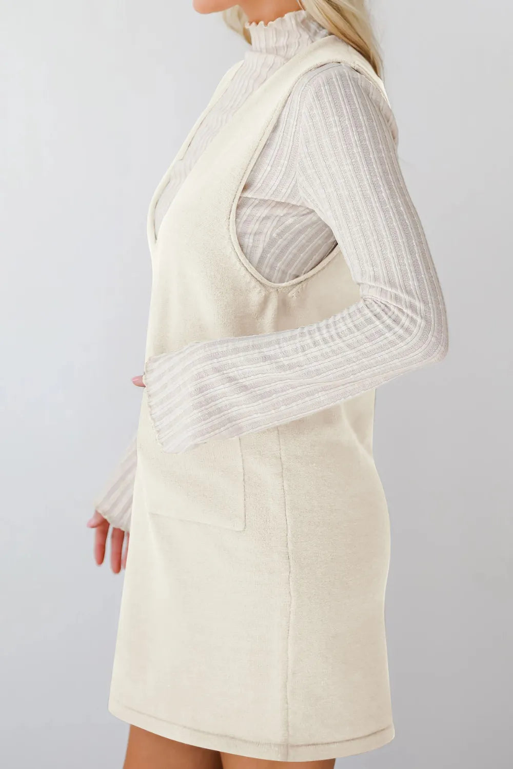 Pocketed V-Neck Mini Sweater Overall Dress