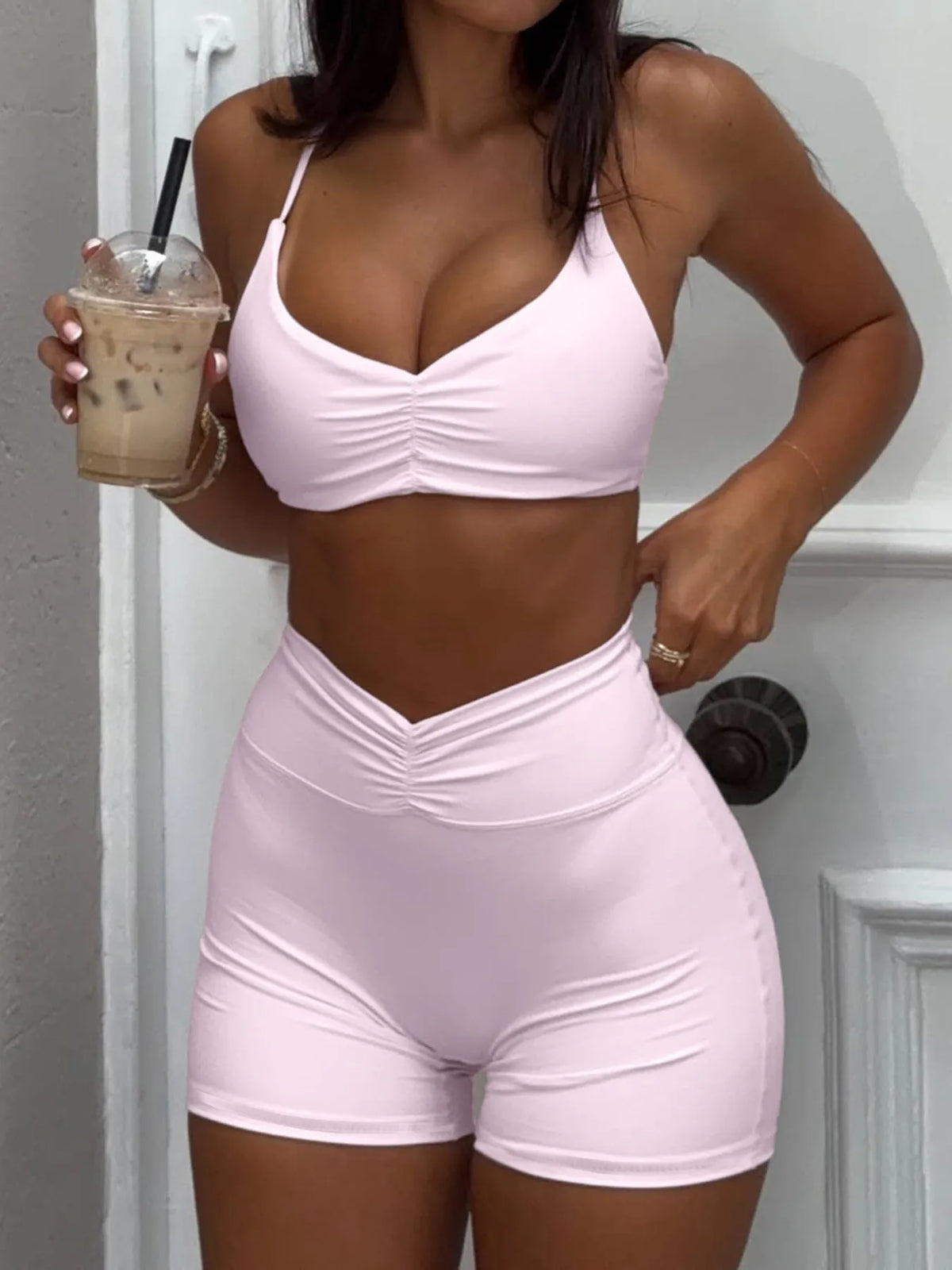 Ruched Sports Bra and Shorts Set