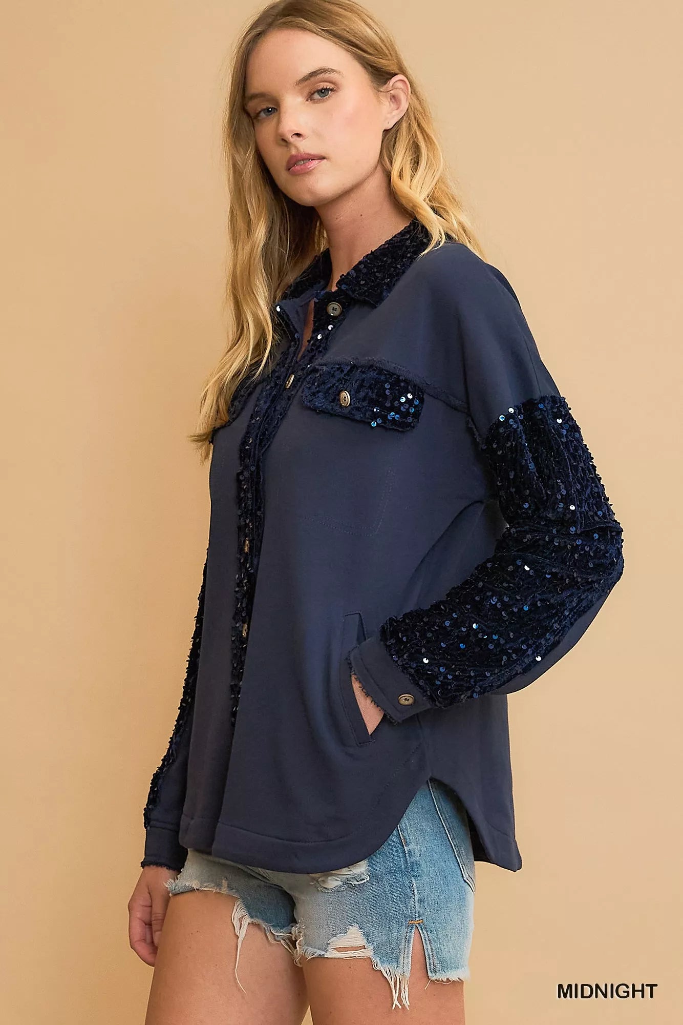 Umgee Sequined French Terry Jacket in Midnight