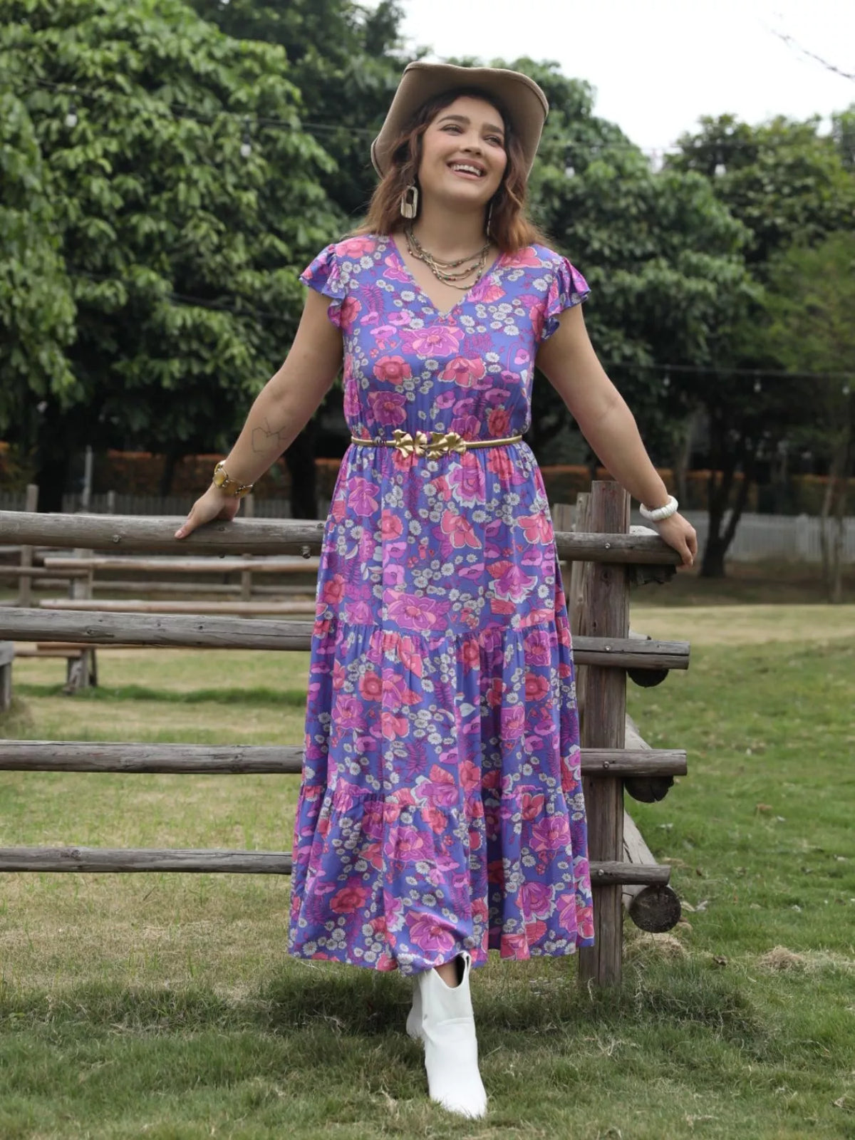Floral Print Tiered Maxi Dress in Vivid Violet