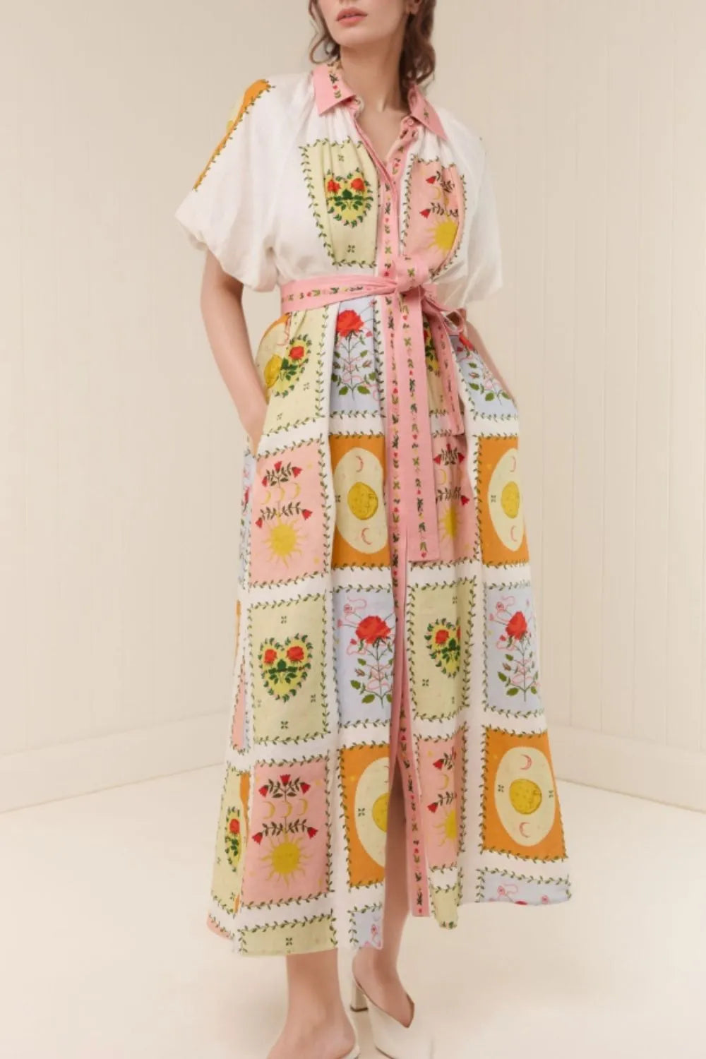 Floral Belted Short Sleeve Maxi Dress