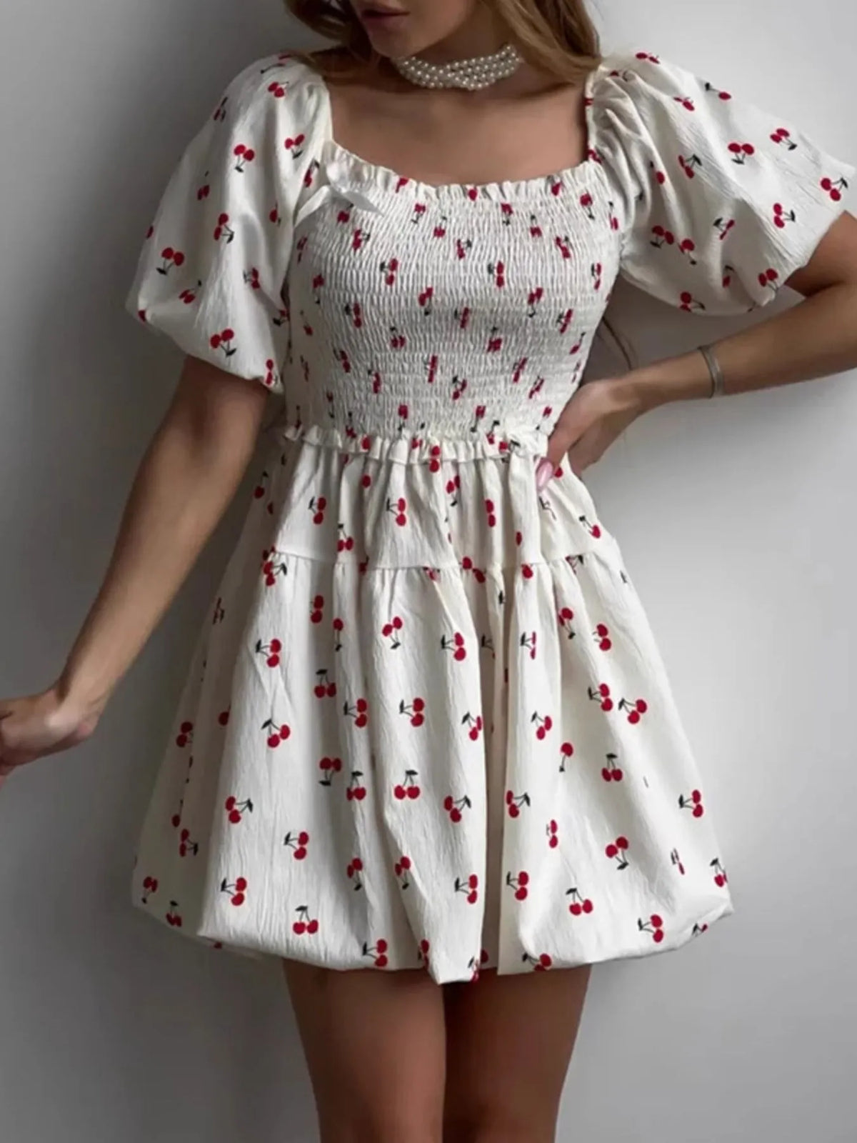 Puff Sleeve Cherry Print Smocked Dress in White