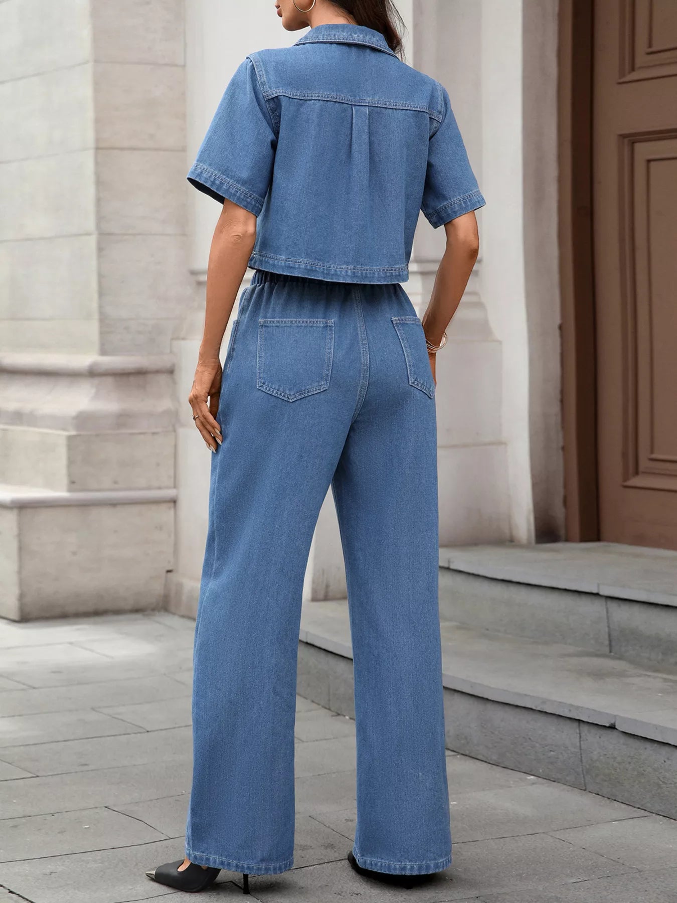 Short Sleeve Drawstring Denim Set in Dusty Blue by Moni Wear