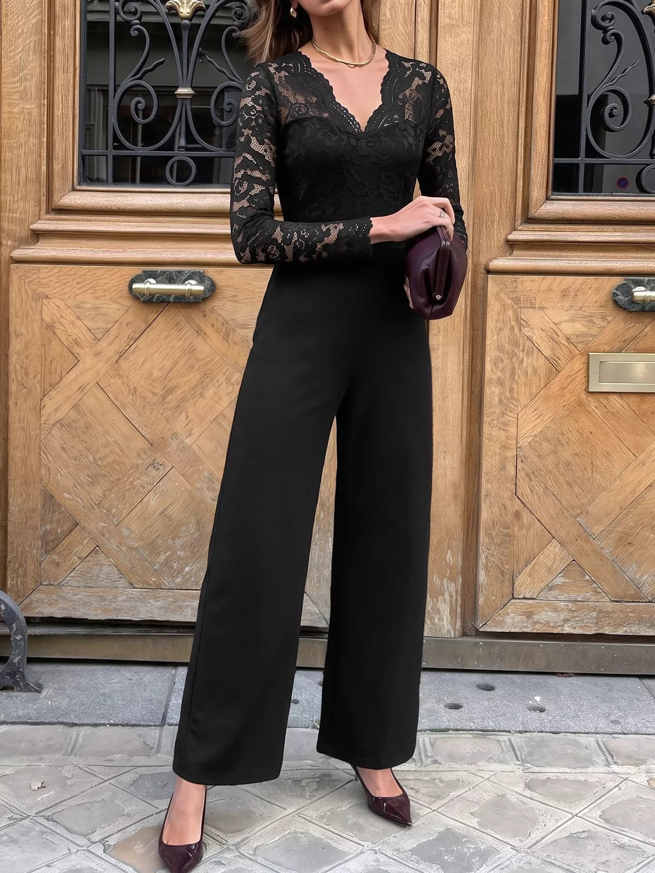 Lace Long Sleeve Wide-Leg Jumpsuit in Black