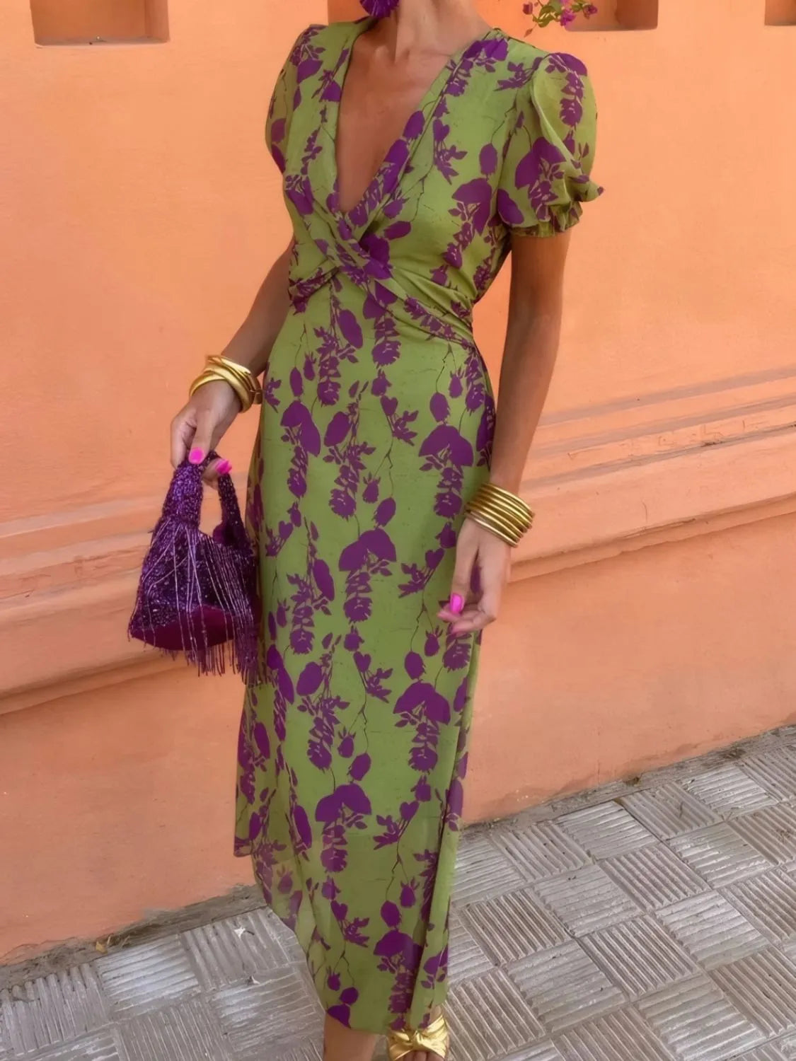 Printed Plunge Midi Dress in Moss