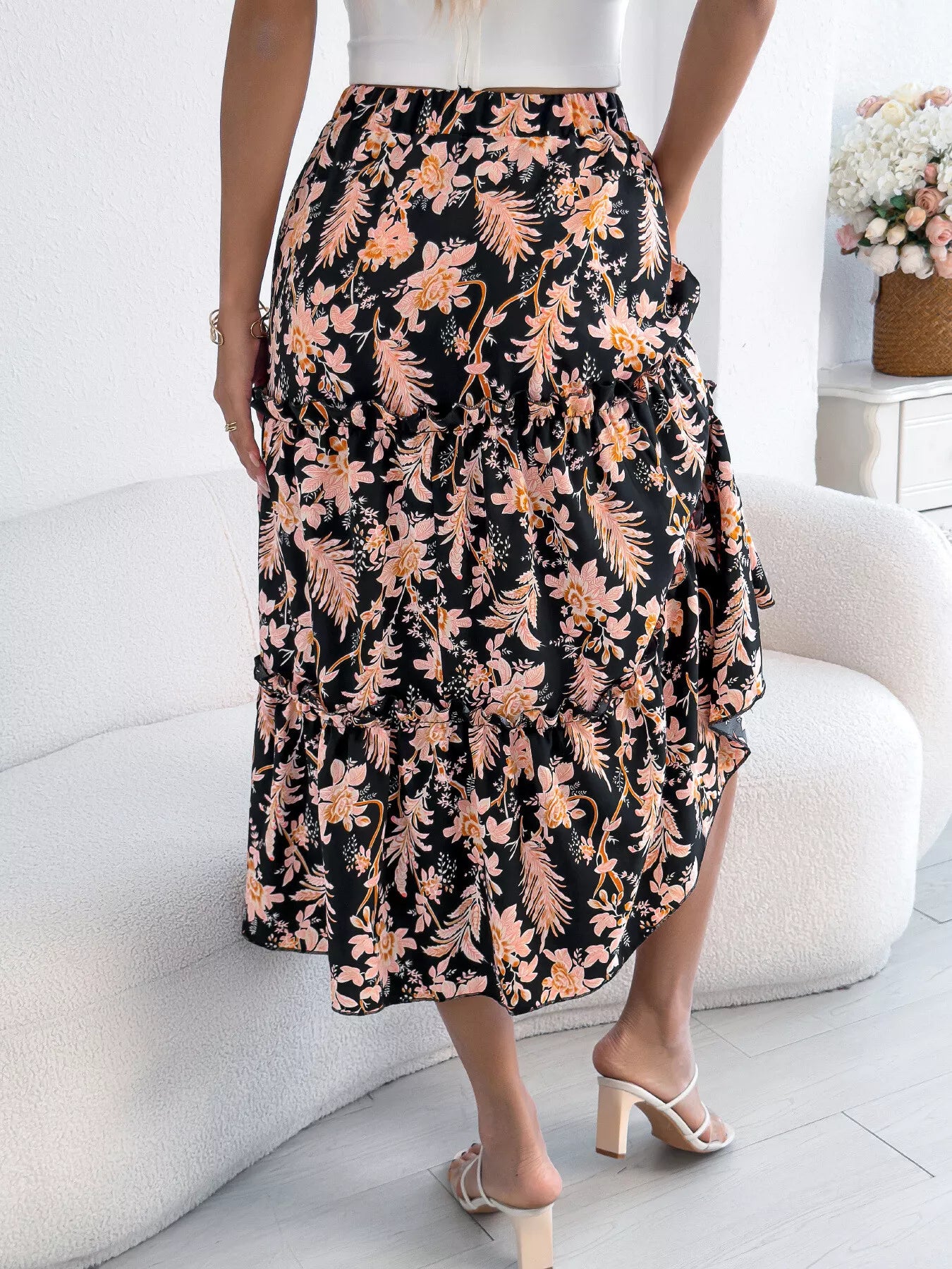 Floral Ruffle Hem Flowy Midi Skirt