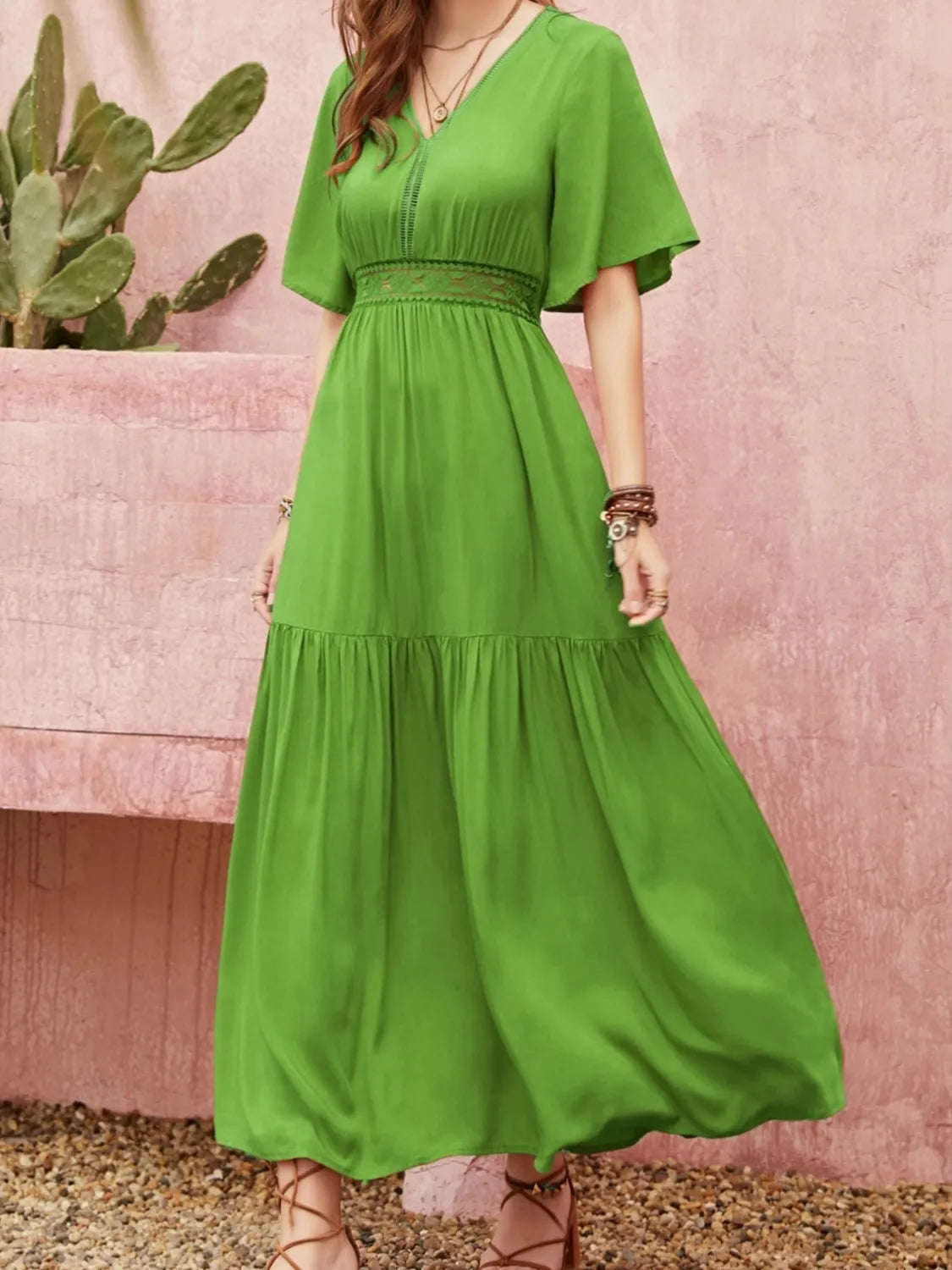 Lace Detail Tied V-Neck Dress in Green