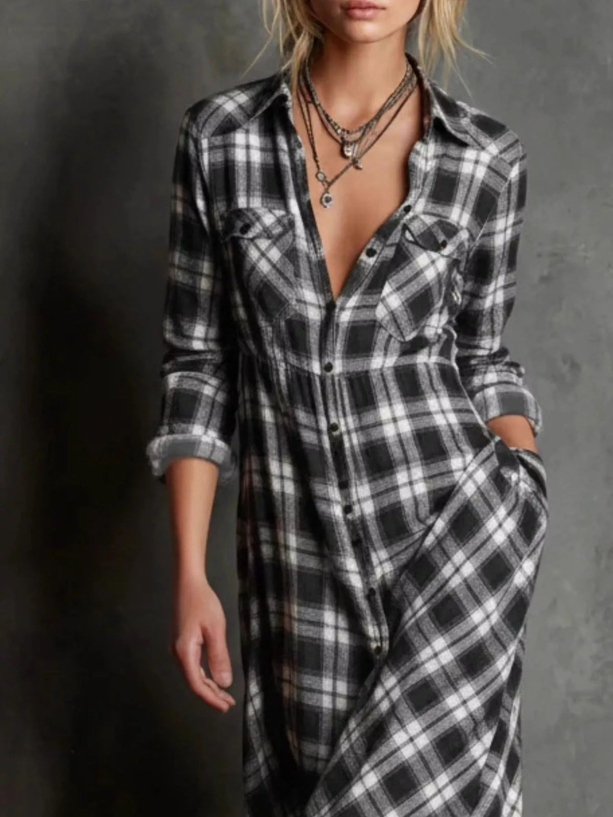 Plaid Button-Down Maxi Dress with Pockets