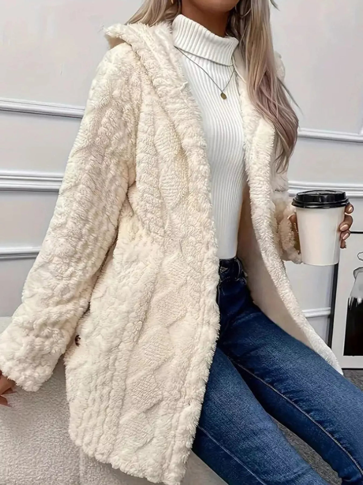 Cozy Cable-Knit Faux Fur Hooded Jacket