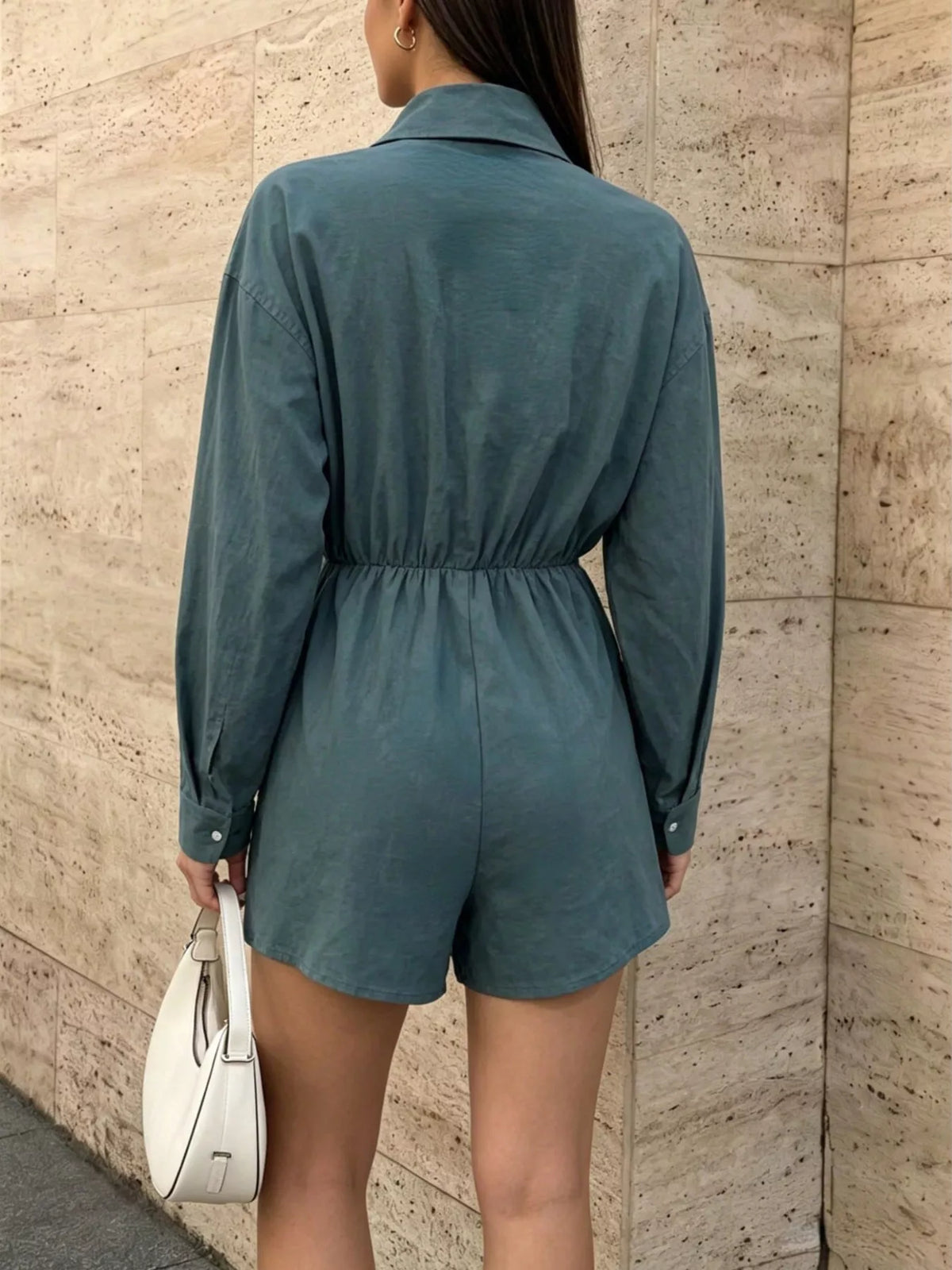 Button Front Long Sleeve Romper in Green