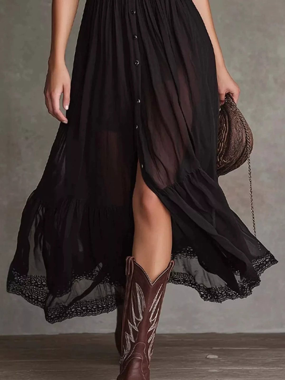 Button-Down Lace Trim Midi Dress in Black