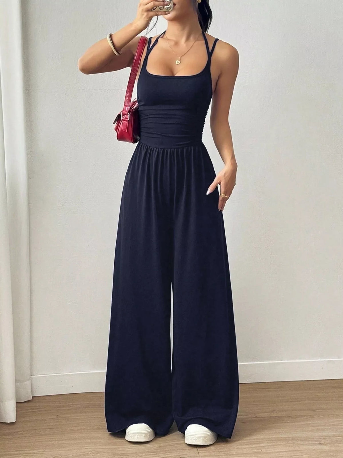 Ruched Spaghetti Strap Wide Leg Jumpsuit