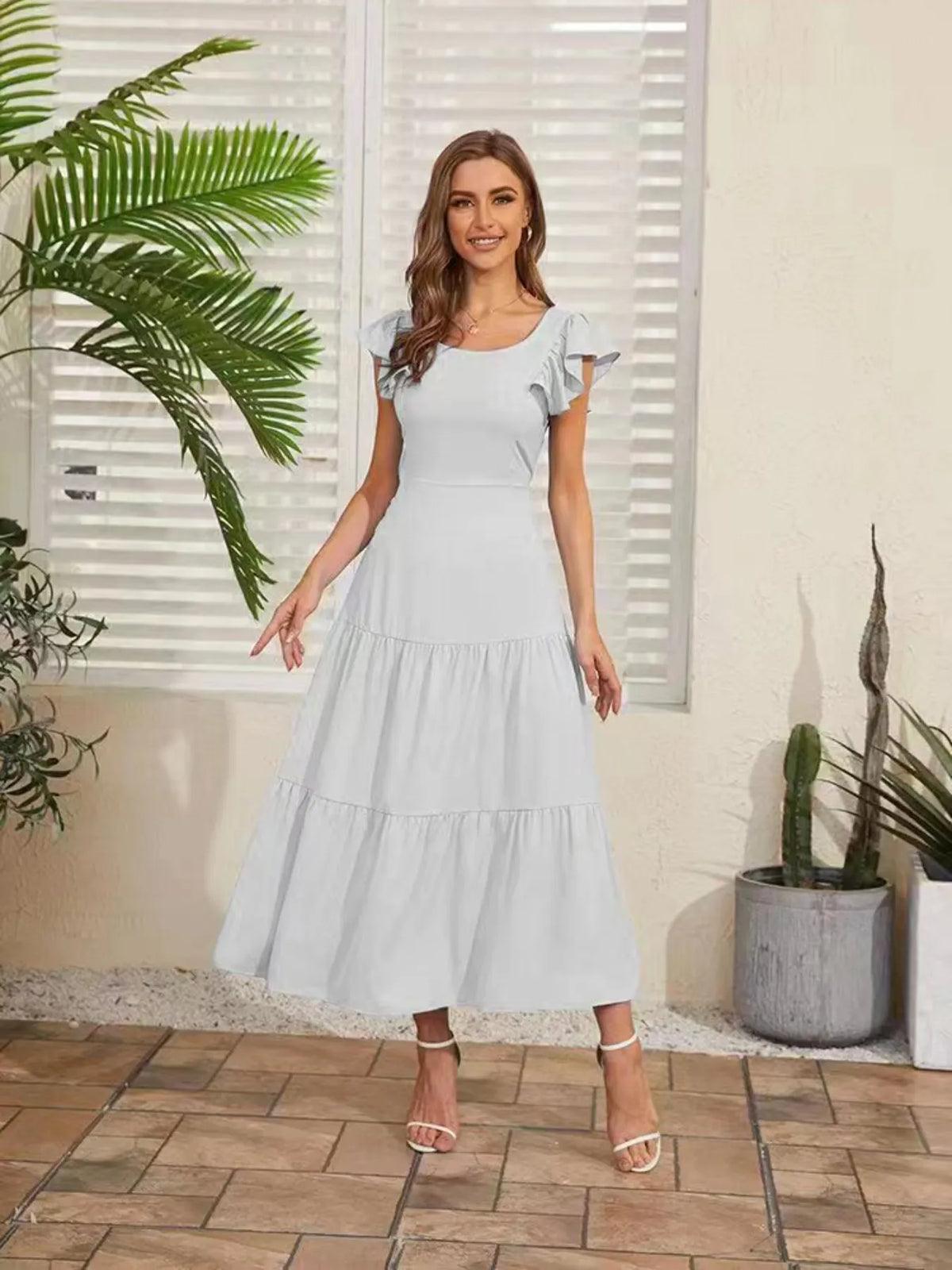 Flutter Sleeve Backless Tiered Midi Dress by Elaine