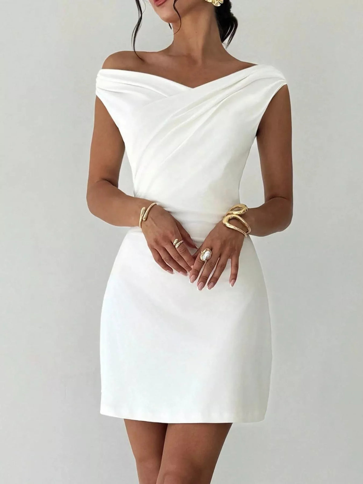 Off-Shoulder Draped Mini Dress in White