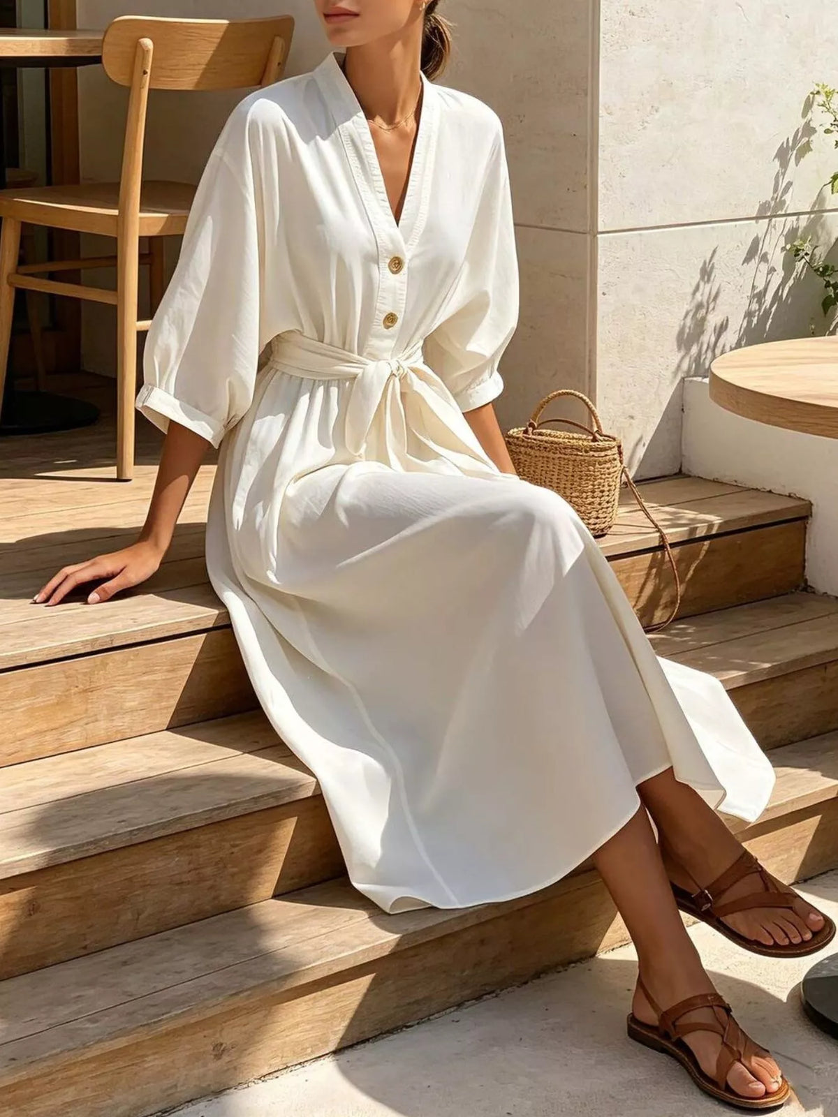 Tie-Waist V-Neck Button Midi Dress