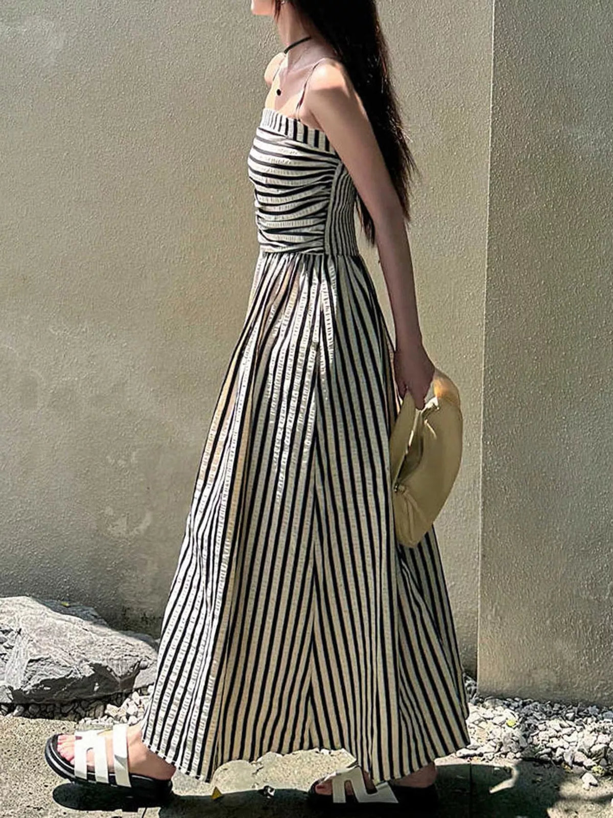 Striped Spaghetti-Strap A-Line Maxi Dress