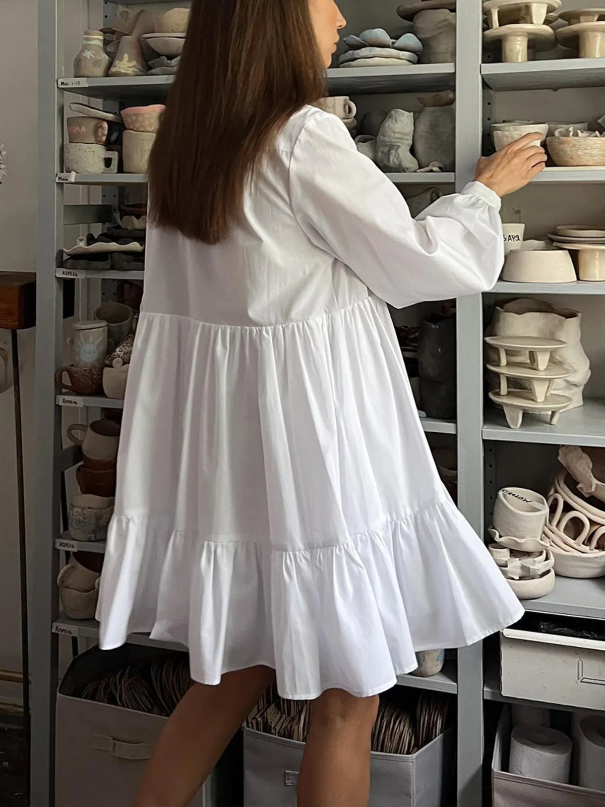 Tiered Ruffle Long Sleeve Shirt Dress