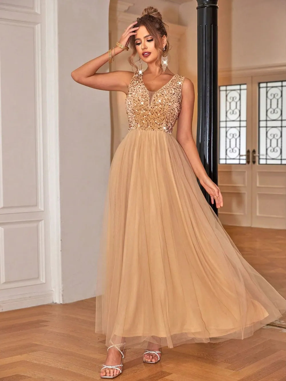 Sequin V-Neck Dress in Tan by Jubilair