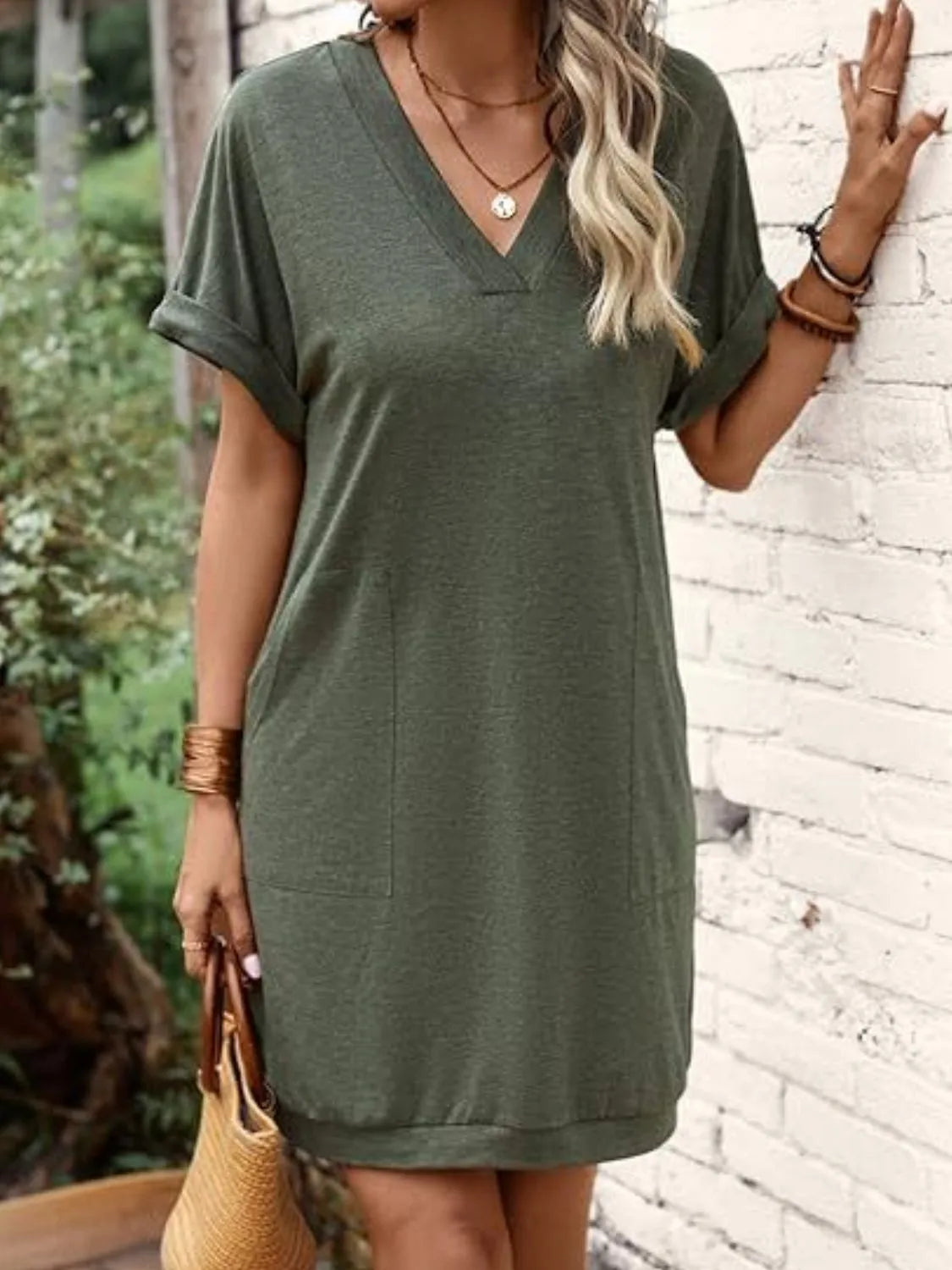 V-Neck Short Sleeve Mini Tee Dress