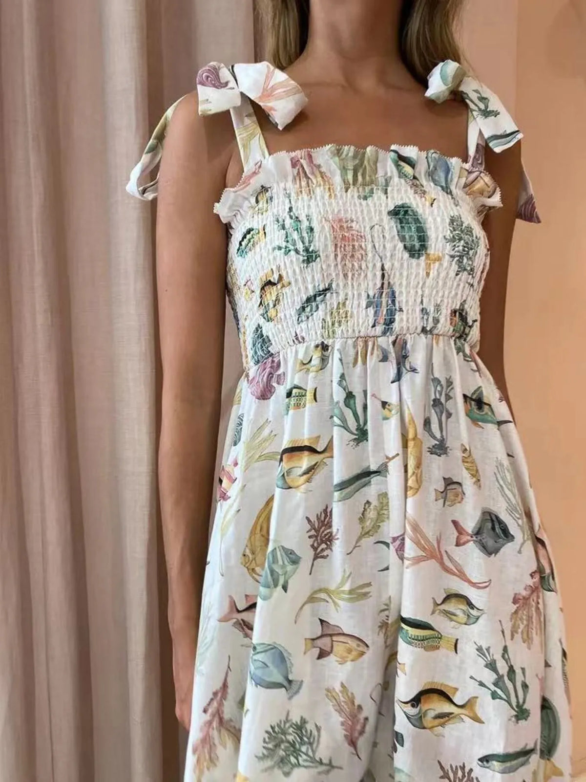 Floral Tie-Shoulder Smocked Dress in White