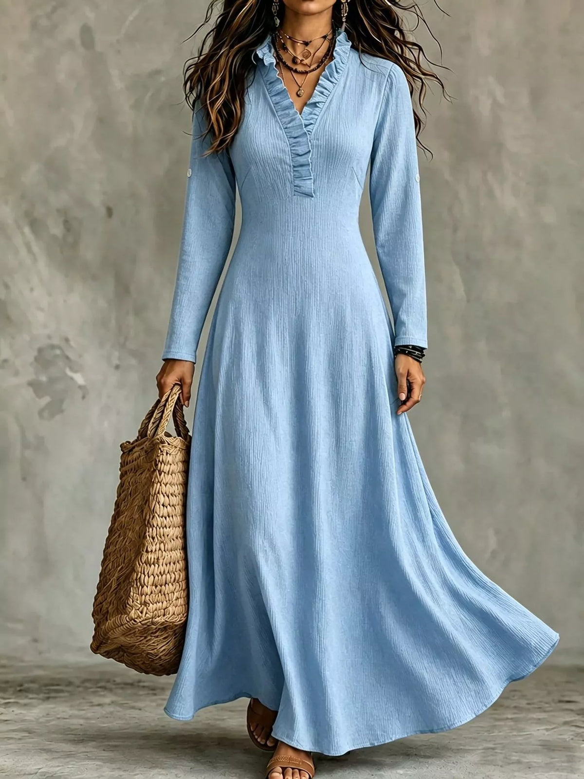 V-Neck Ruffled Maxi Dress with Roll-Up Sleeves