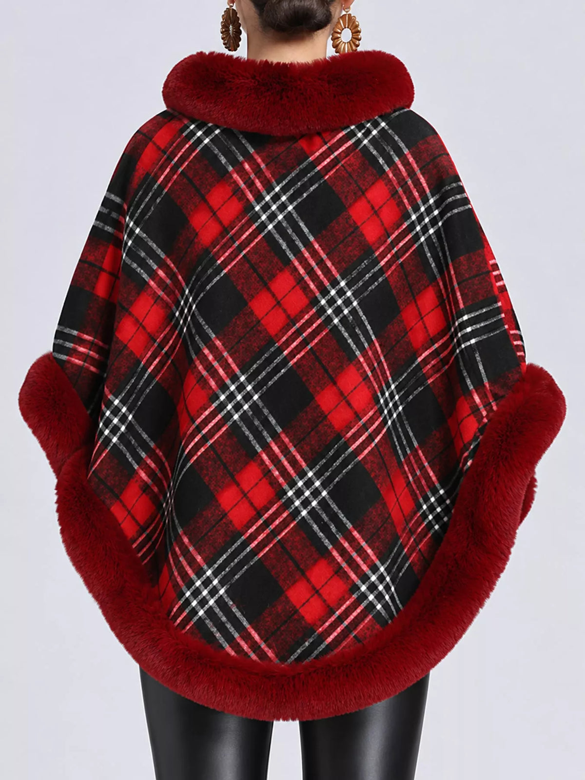 Plaid Faux Fur Trim Poncho Cape