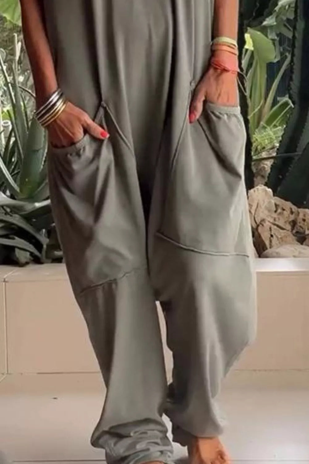 V-Neck Short Sleeve Jumpsuit with Pockets