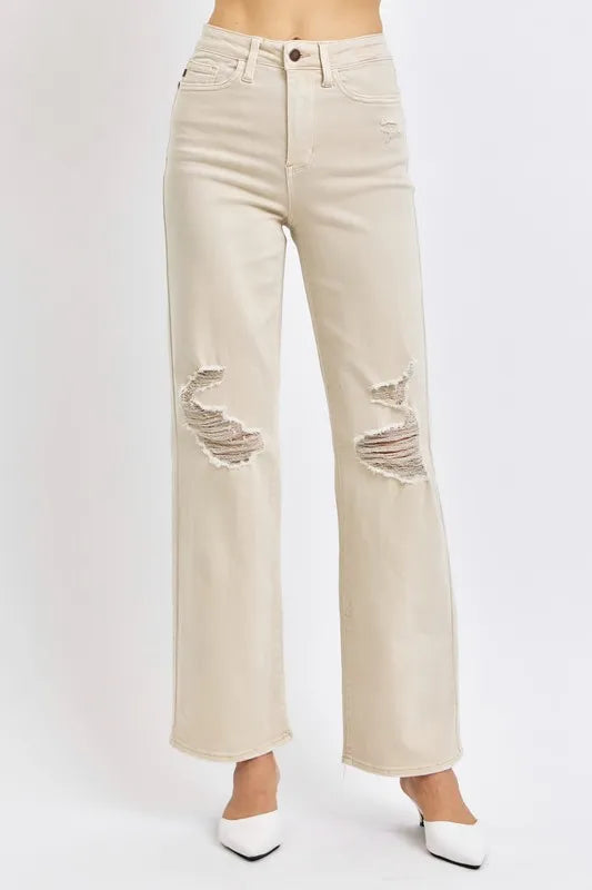 Judy Blue High Waist Distressed Wide Leg Jeans in Bone Wash