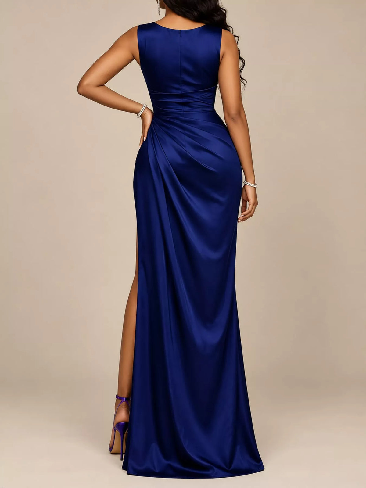 Satin Cowl Neck High Slit Evening Maxi Dress in Royal Blue