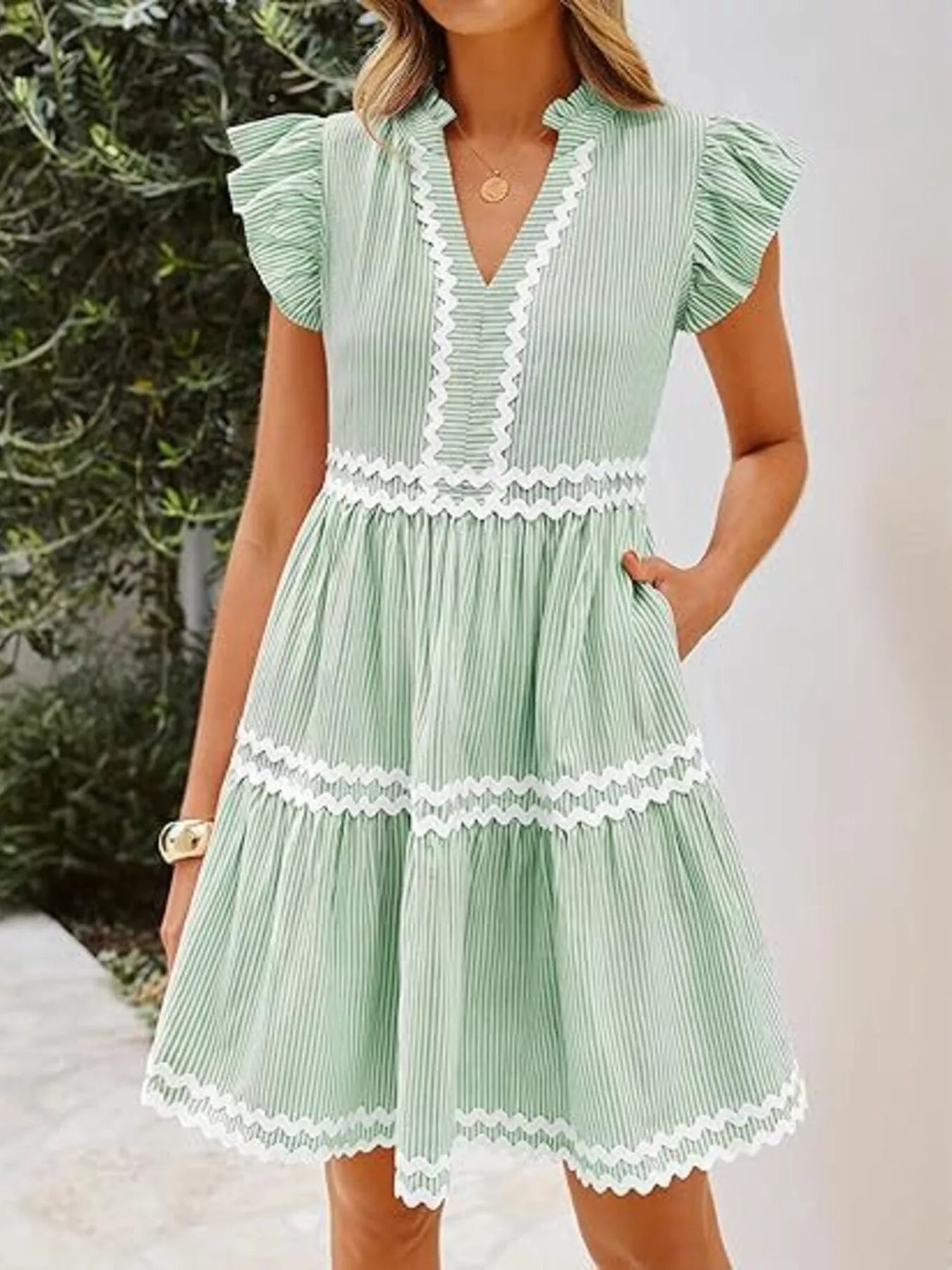 Striped Tiered Dress with Ruffle Sleeves