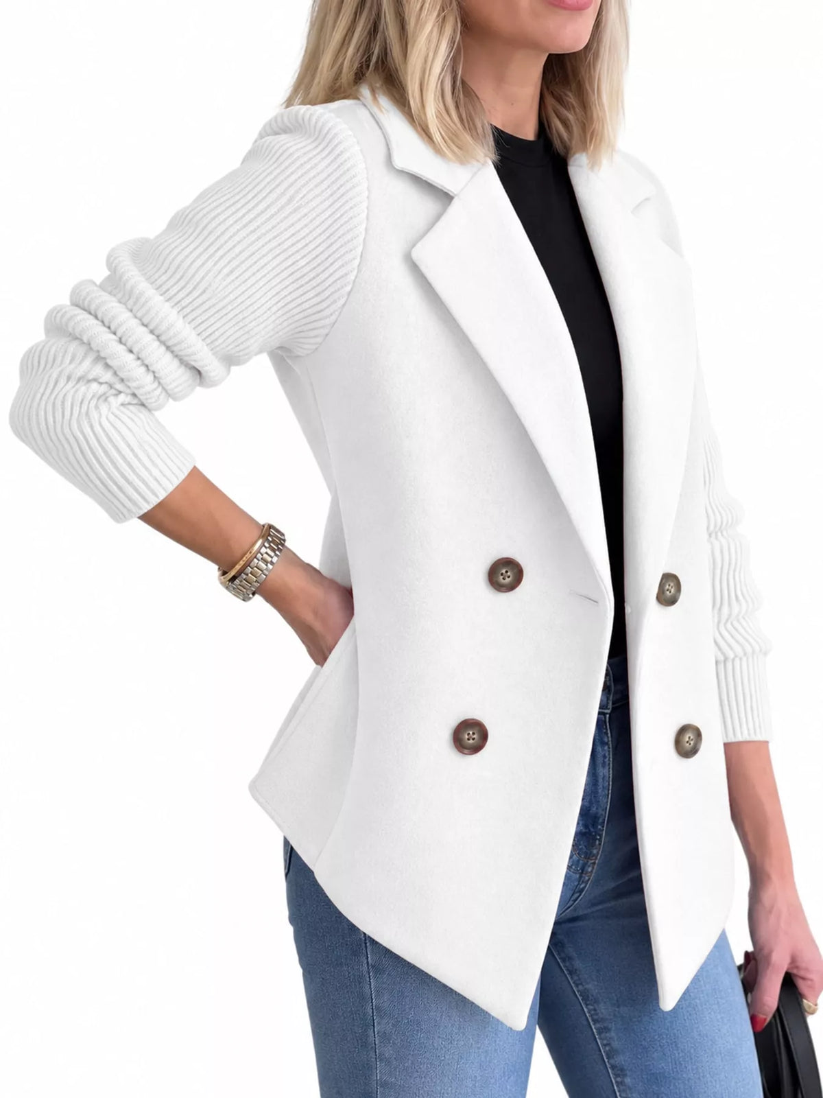 Double-Breasted Hybrid Blazer with Ribbed Knit Sleeves