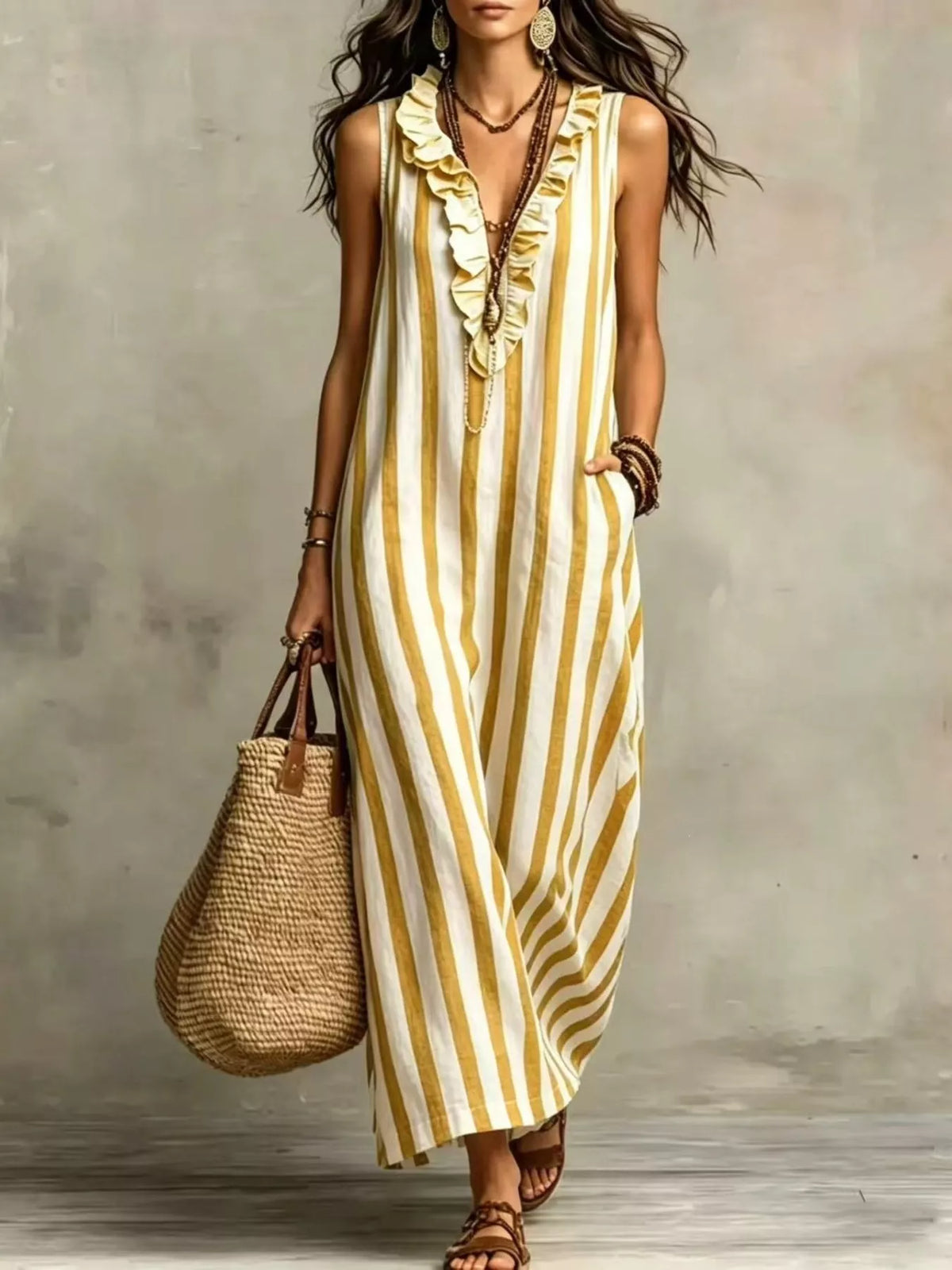 Ruffle V-Neck Sleeveless Plus Size Maxi Dress