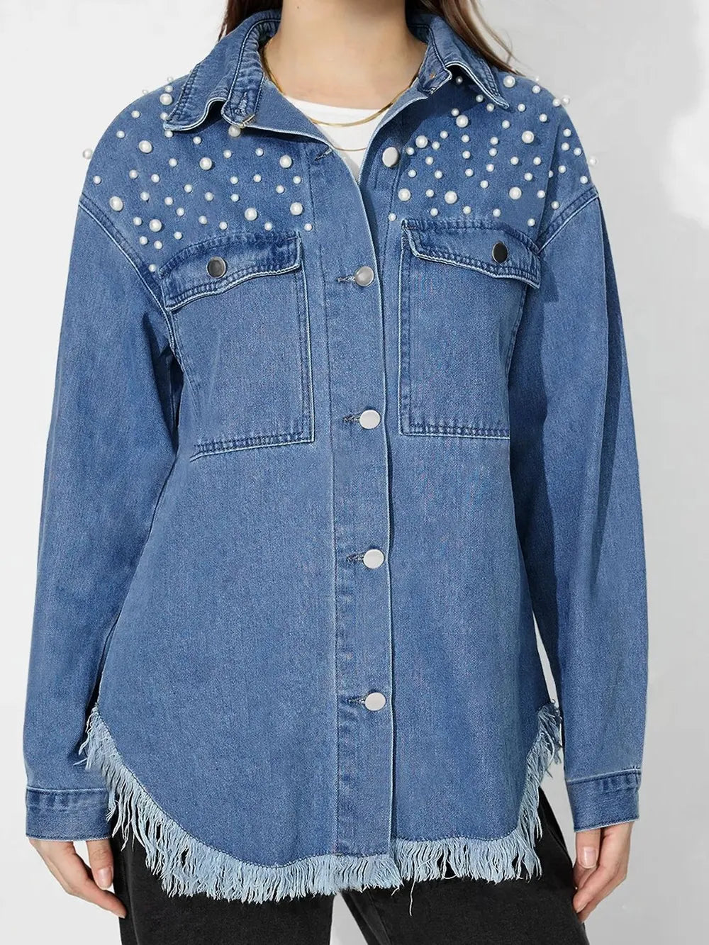 Pearl Trim Collared Denim Top