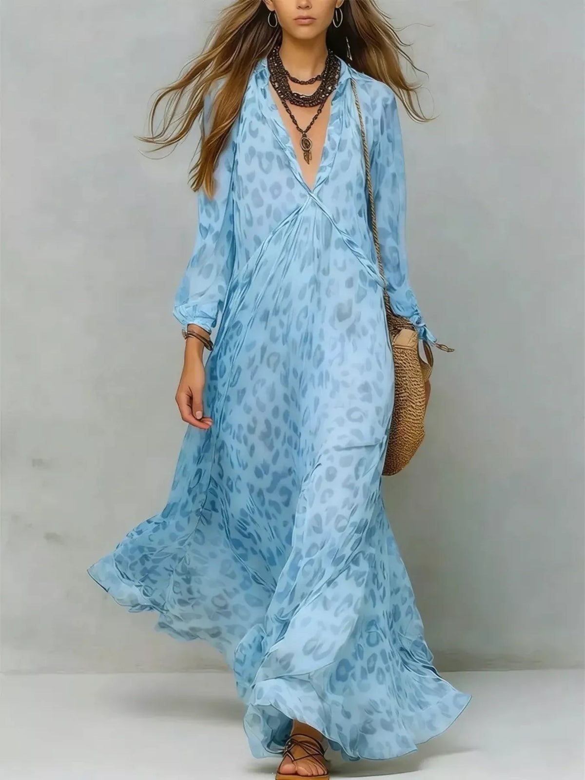 Leopard Print V-Neck Maxi Dress by Kaelinne