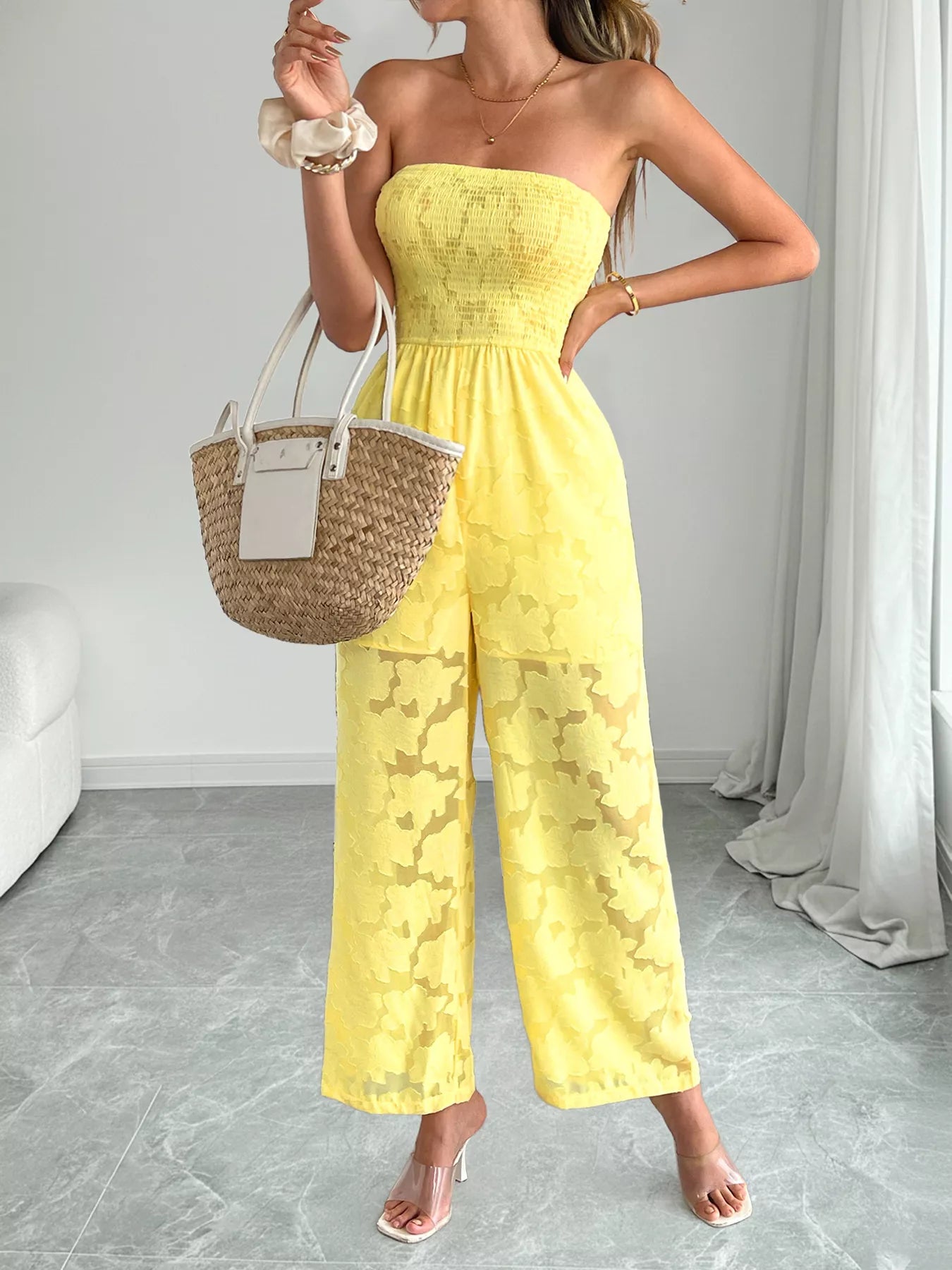 Lace Smocked Tube Jumpsuit in Yellow