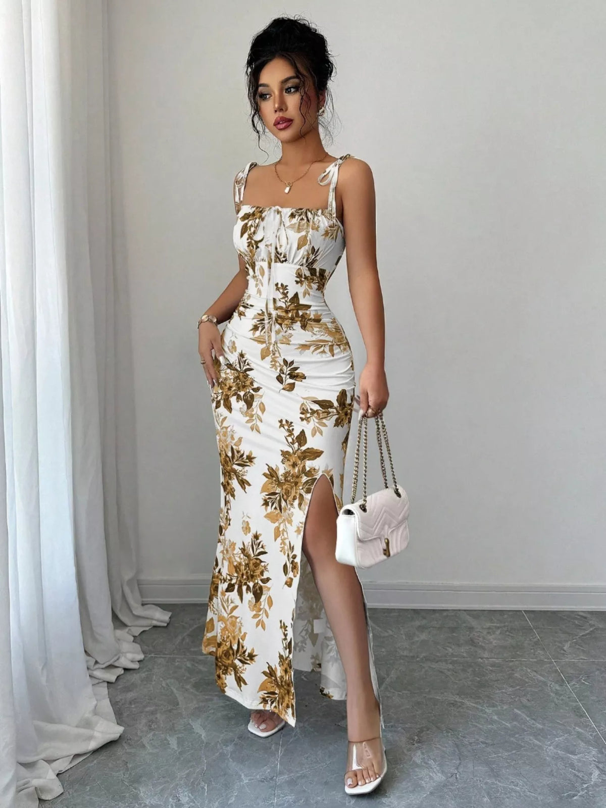 Printed Tie Strap Maxi Dress with Slit