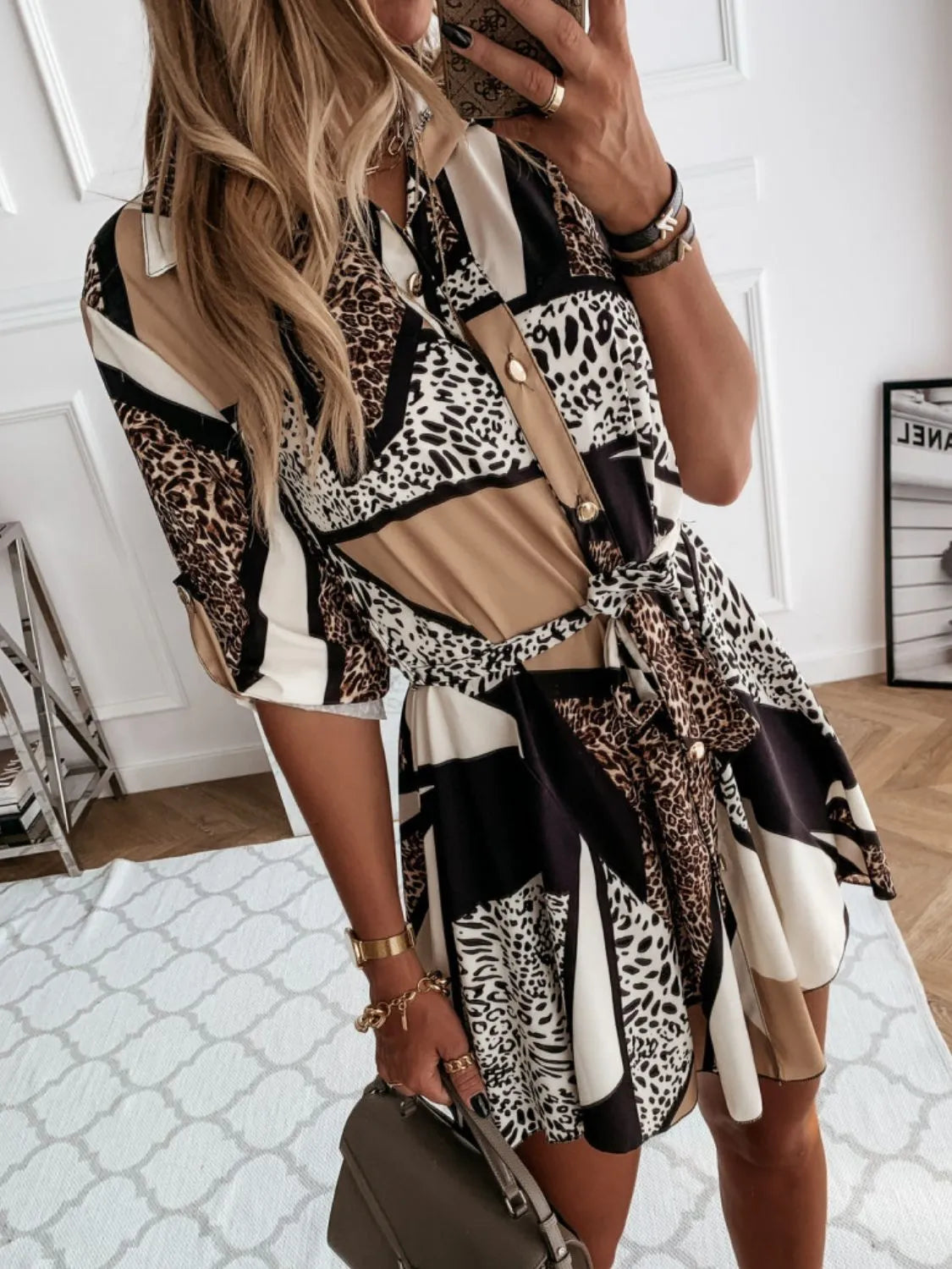 Printed Roll-Tab Sleeve Mini Dress