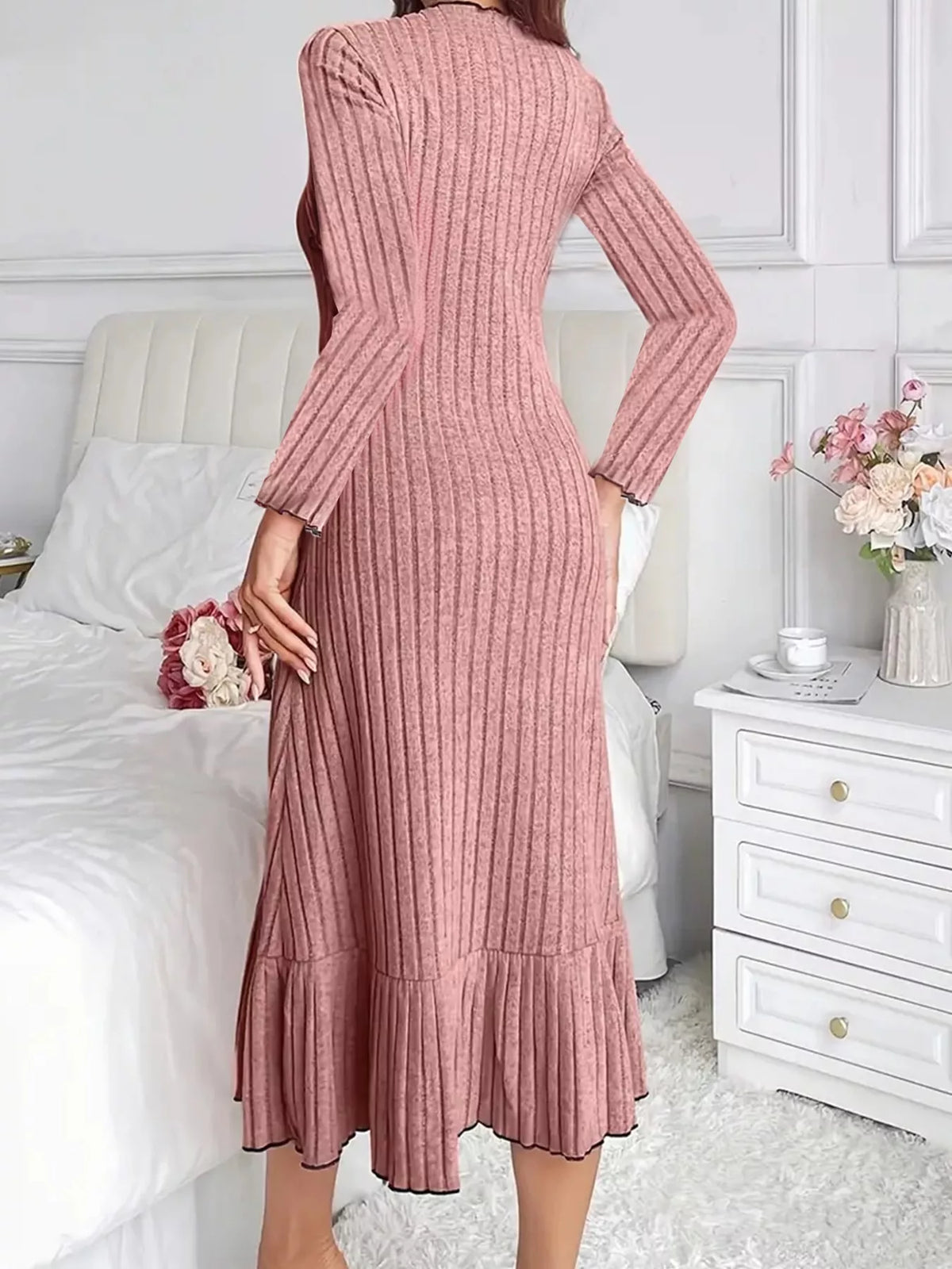 Ribbed Knit Bodycon Dress with Ruffle Hem