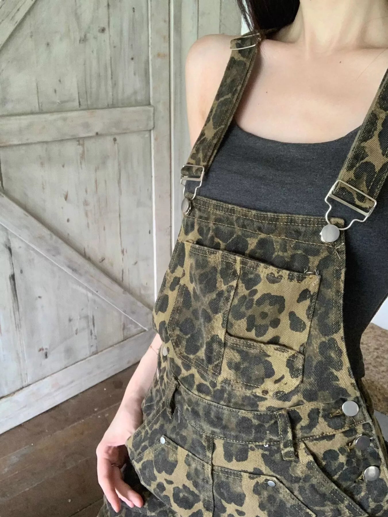 Leopard Print Denim Overall Dress in Army Green