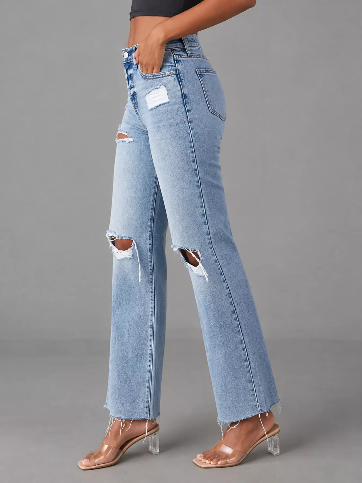 High-Waisted Distressed Jeans in Blue