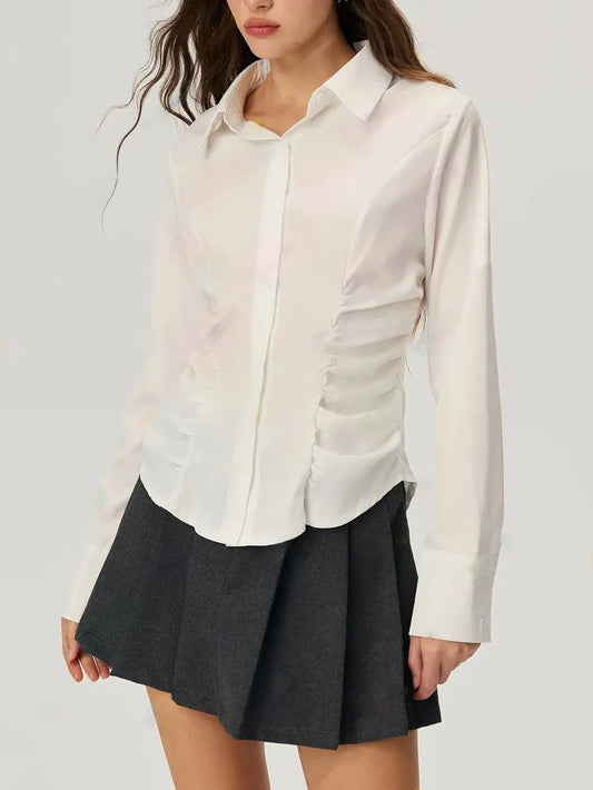 Ruched Button-Down Shirt in White
