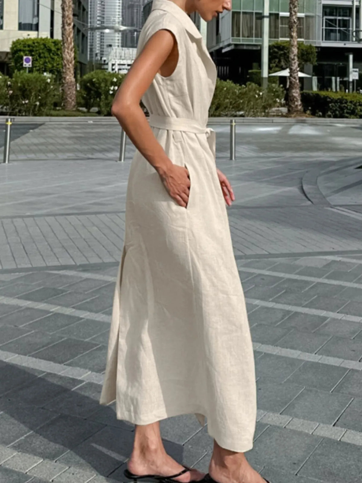 Tie Waist Cap Sleeve Maxi Dress in Khaki