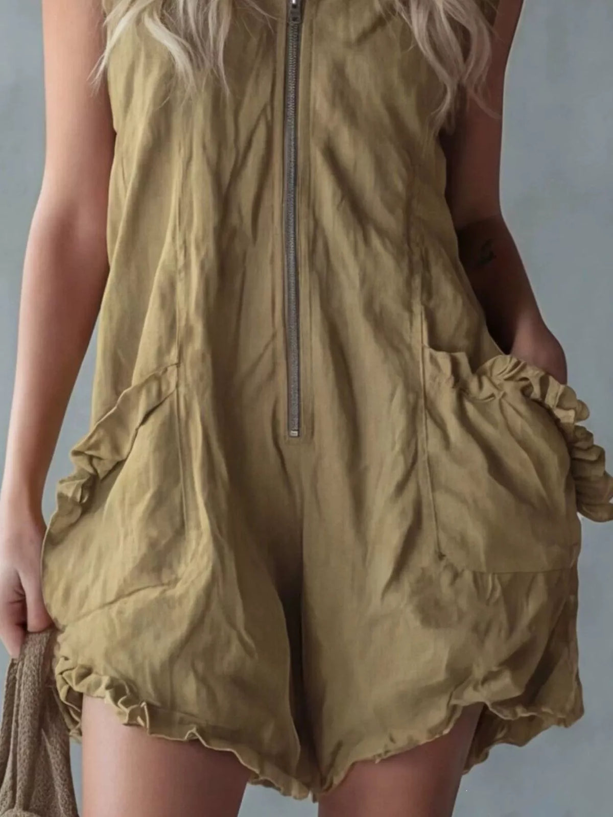 Hooded Zipper Romper with Ruffled Pockets