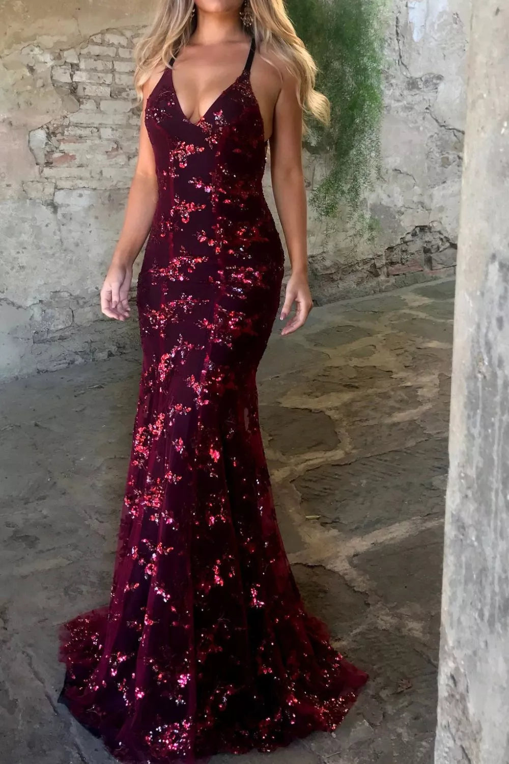 Sequin Tie-Back V-Neck Maxi Dress