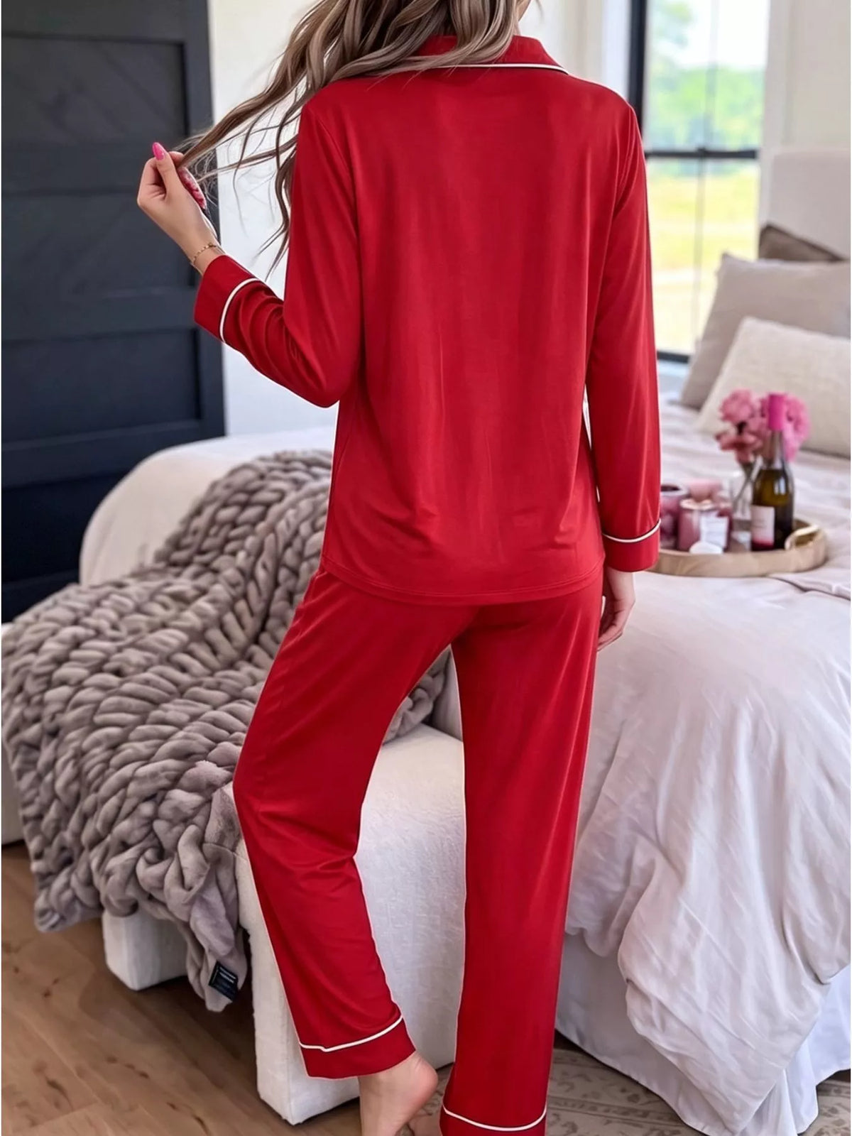 Bow Pocket Long Sleeve Pajama Set in Deep Red