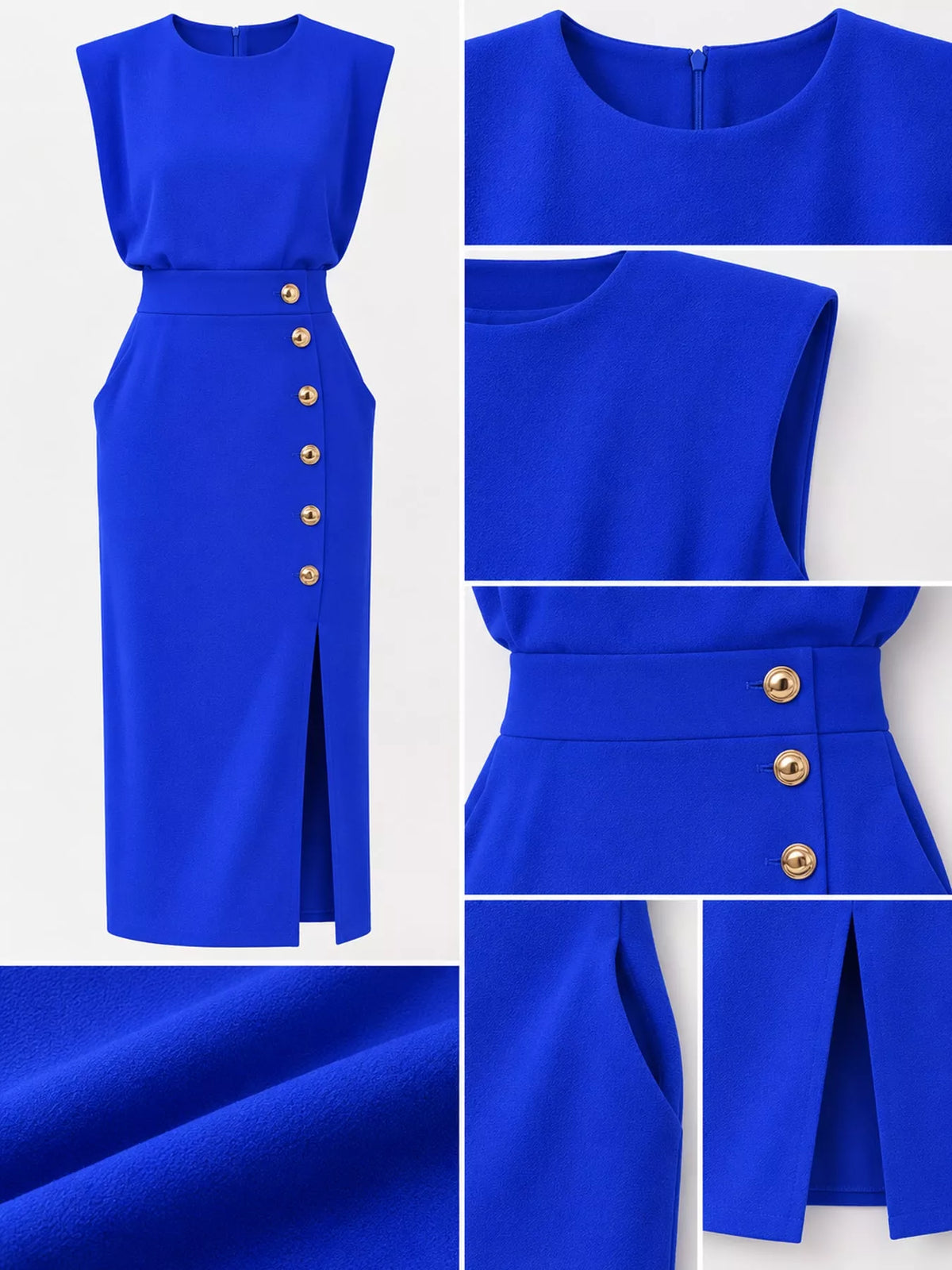 Sleeveless Midi Dress with Gold Button Detail