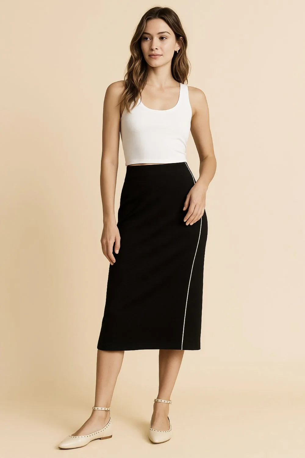 Umgee Midi Pencil Skirt with Contrast Piping in Black